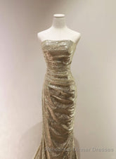 Gold Sequins Mermaid Scoop Long Evening Dress, Gold Long Semi Formal Prom Dress Party Dress